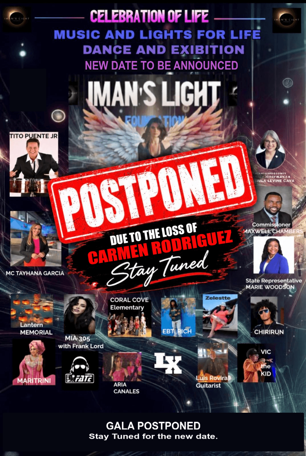 Gala poster postponed due to the loss of Carmen Rodriguez; new date to be announced, with ticket QR and sales removed
